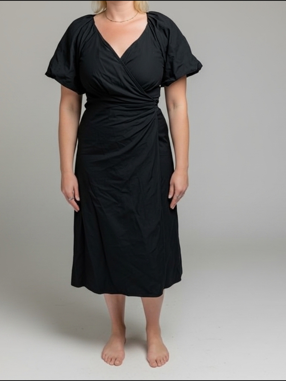 Reformation Black Wrap Midi Dress with Puff Sleeves and Side Tie